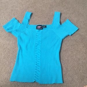 Cute Warrior Girl Aqua Blue Cold Shoulder Short Sleeve Knit Top